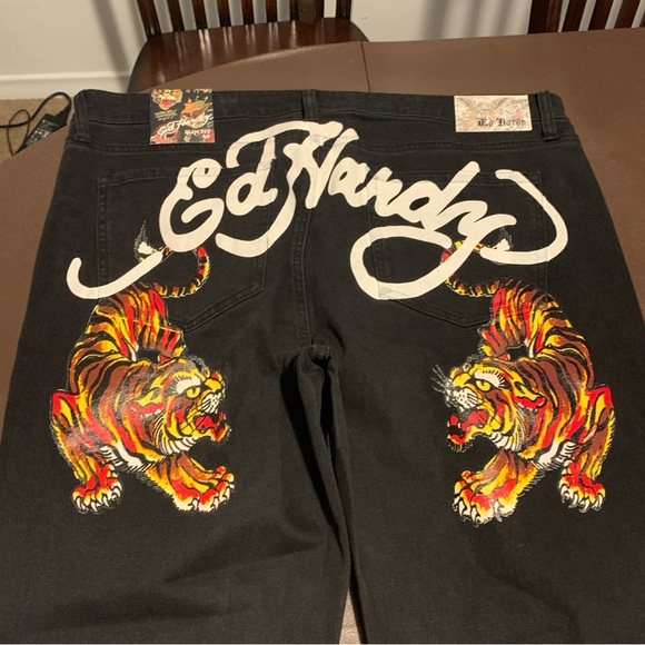 Ed Hardy Mens Bengal Crawling Tiger Size 38x30 Slim Fit Jeans Faded Black NWT - Picture 1 of 5